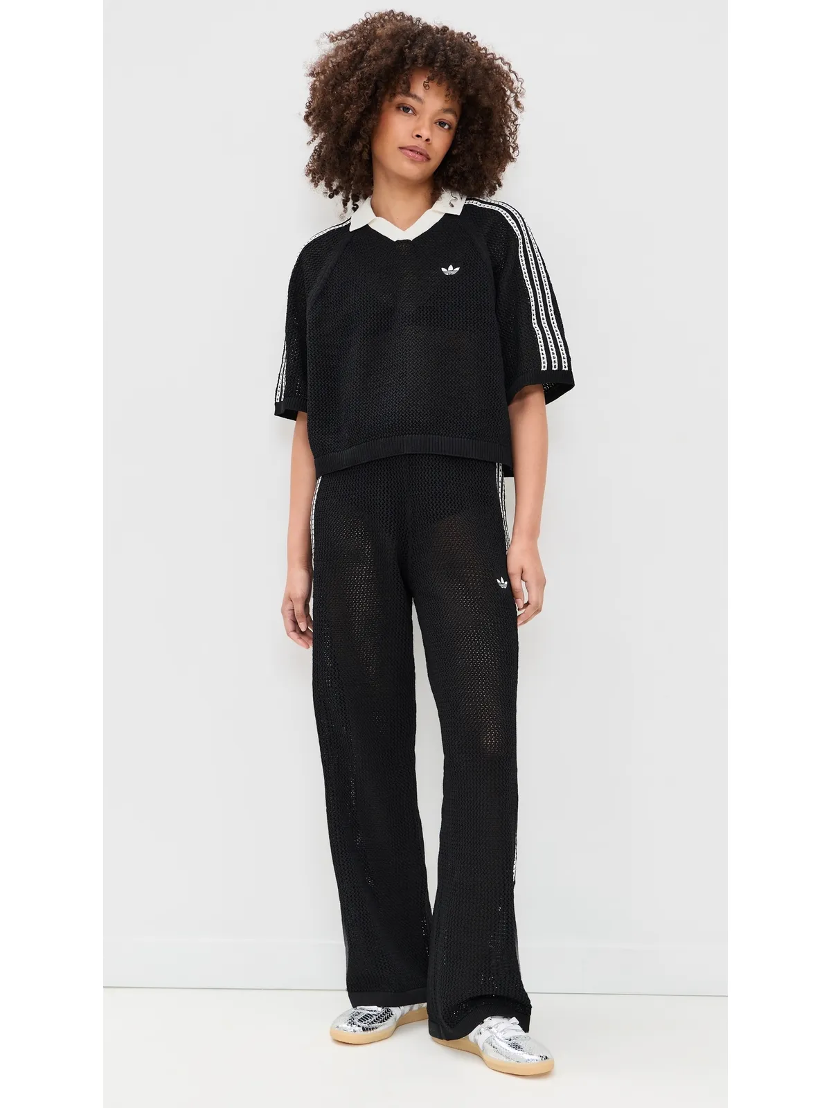 adidas クロシェ編みポロシャツ ブラック XS - 画像5