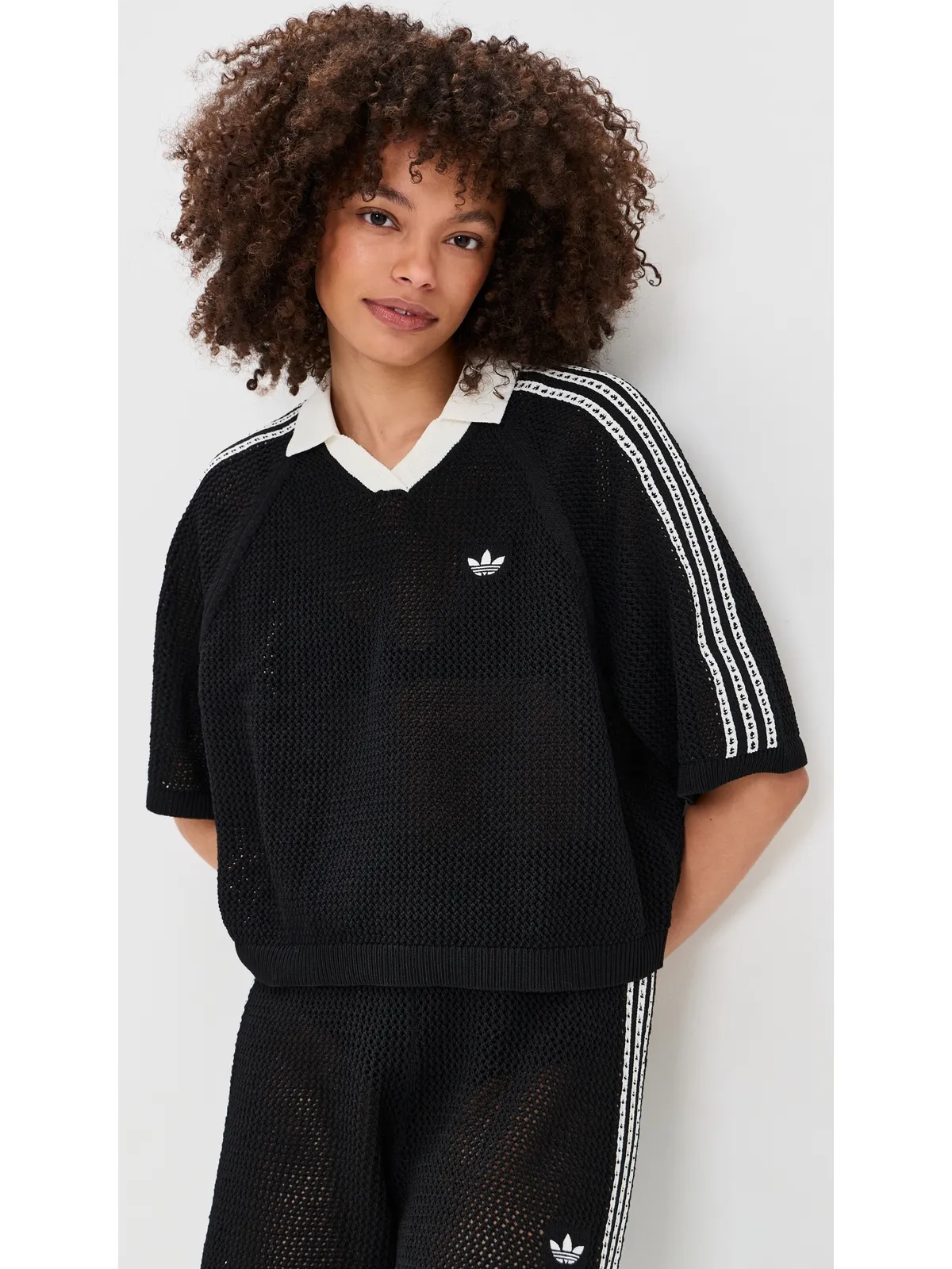 adidas クロシェ編みポロシャツ ブラック XS - 画像2
