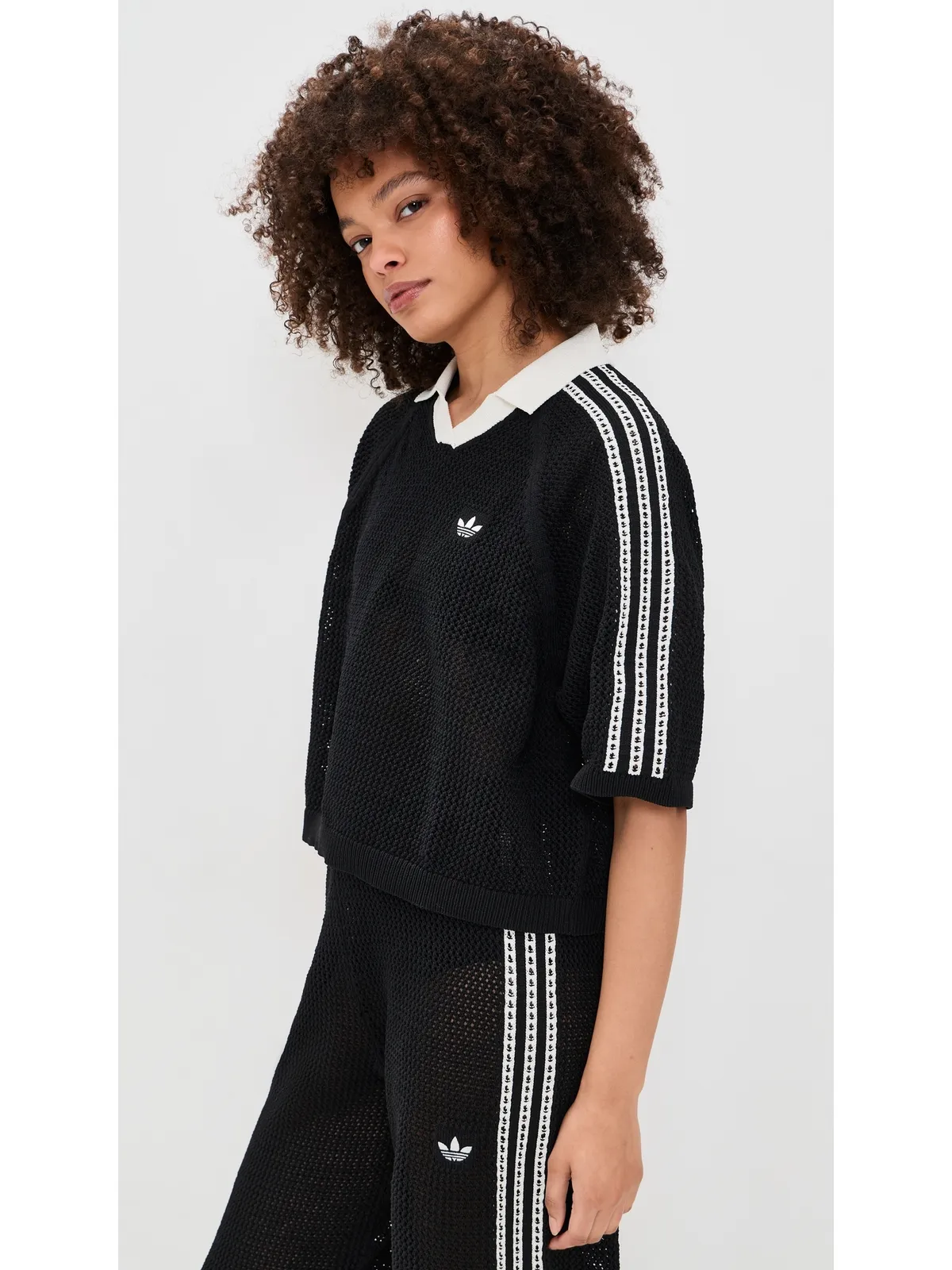 adidas クロシェ編みポロシャツ ブラック XS - 画像4