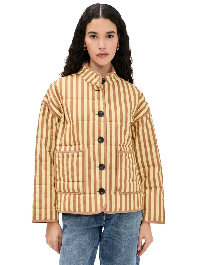 Avec Les Filles Avec Les Filles ボックスキルテッドジャケット（パッチポケット付き、Butter/Natural Stripe）の商品画像
