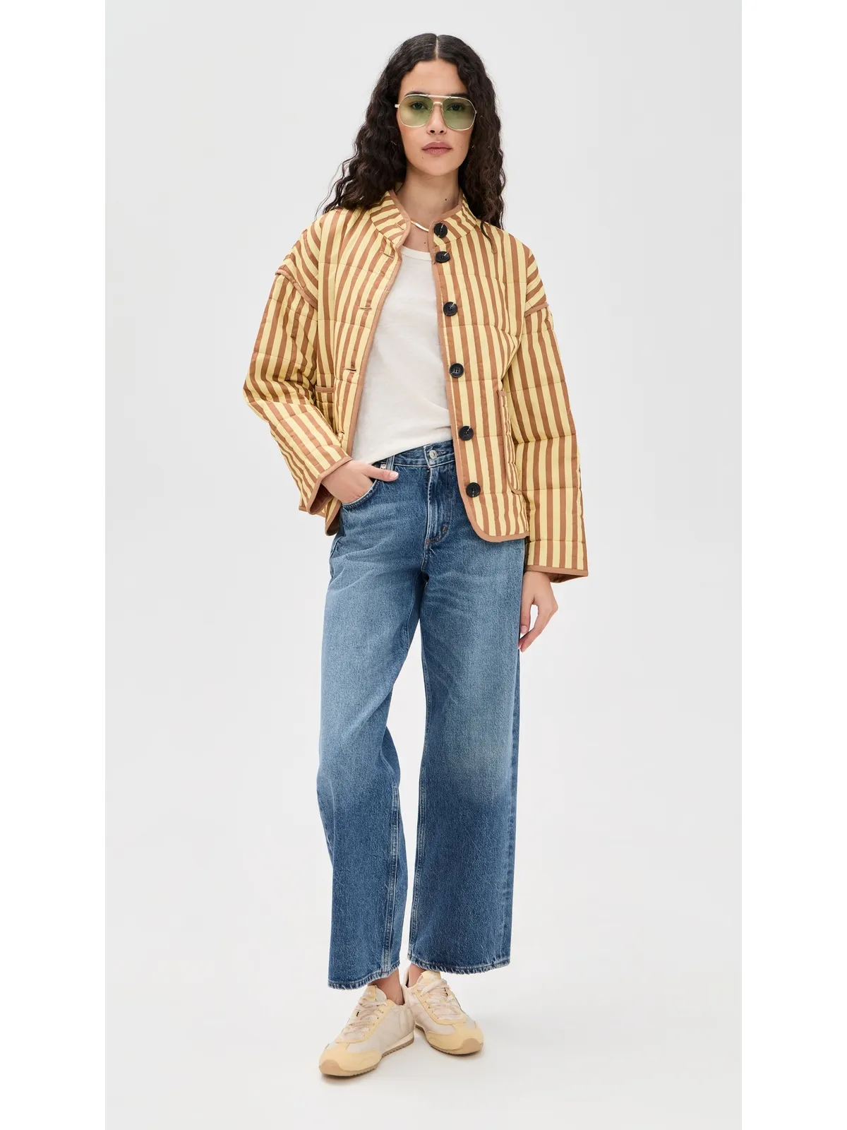 Avec Les Filles ボックスキルテッドジャケット（パッチポケット付き、Butter/Natural Stripe） - 画像5