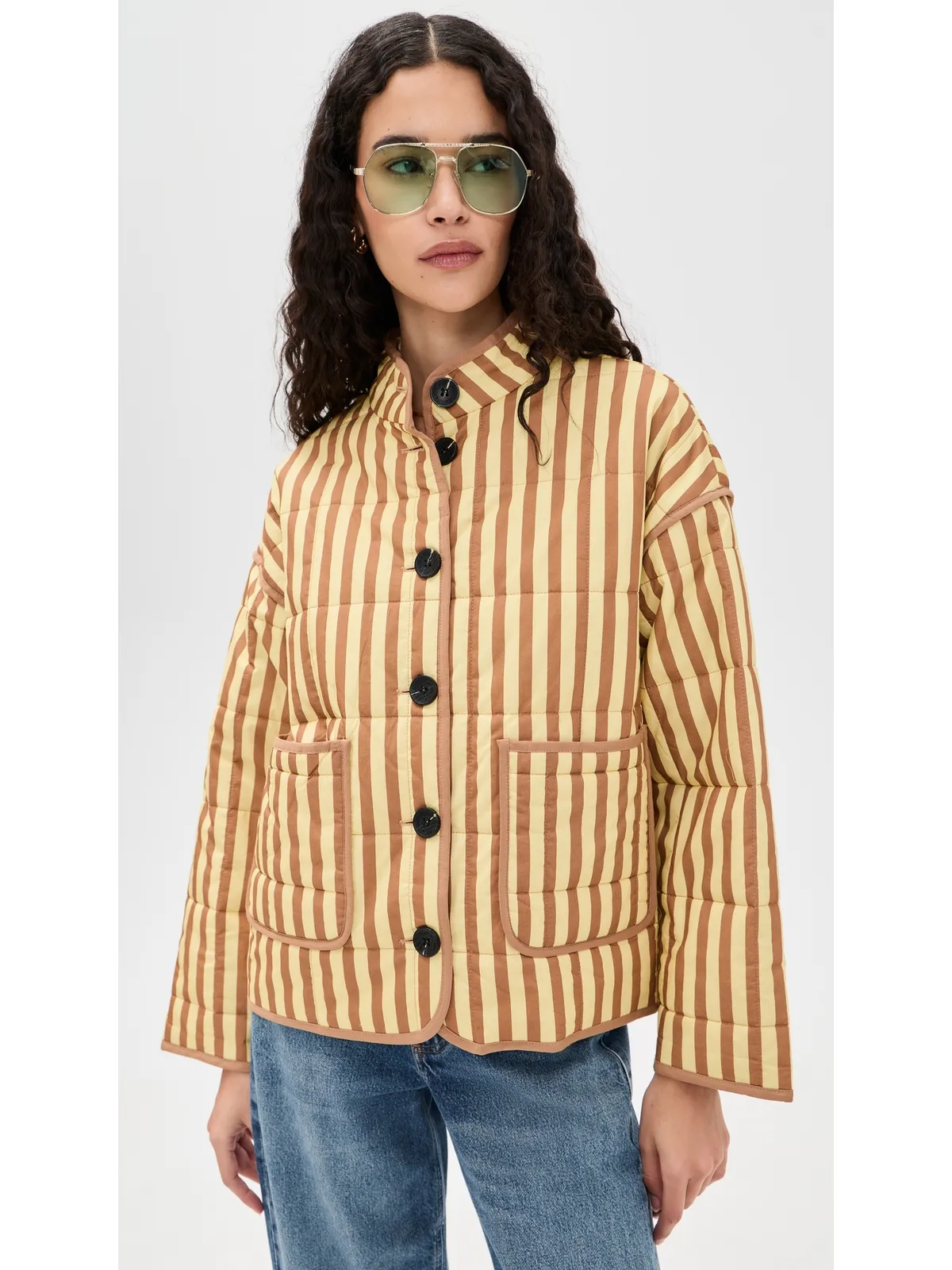 Avec Les Filles ボックスキルテッドジャケット（パッチポケット付き、Butter/Natural Stripe） - 画像2