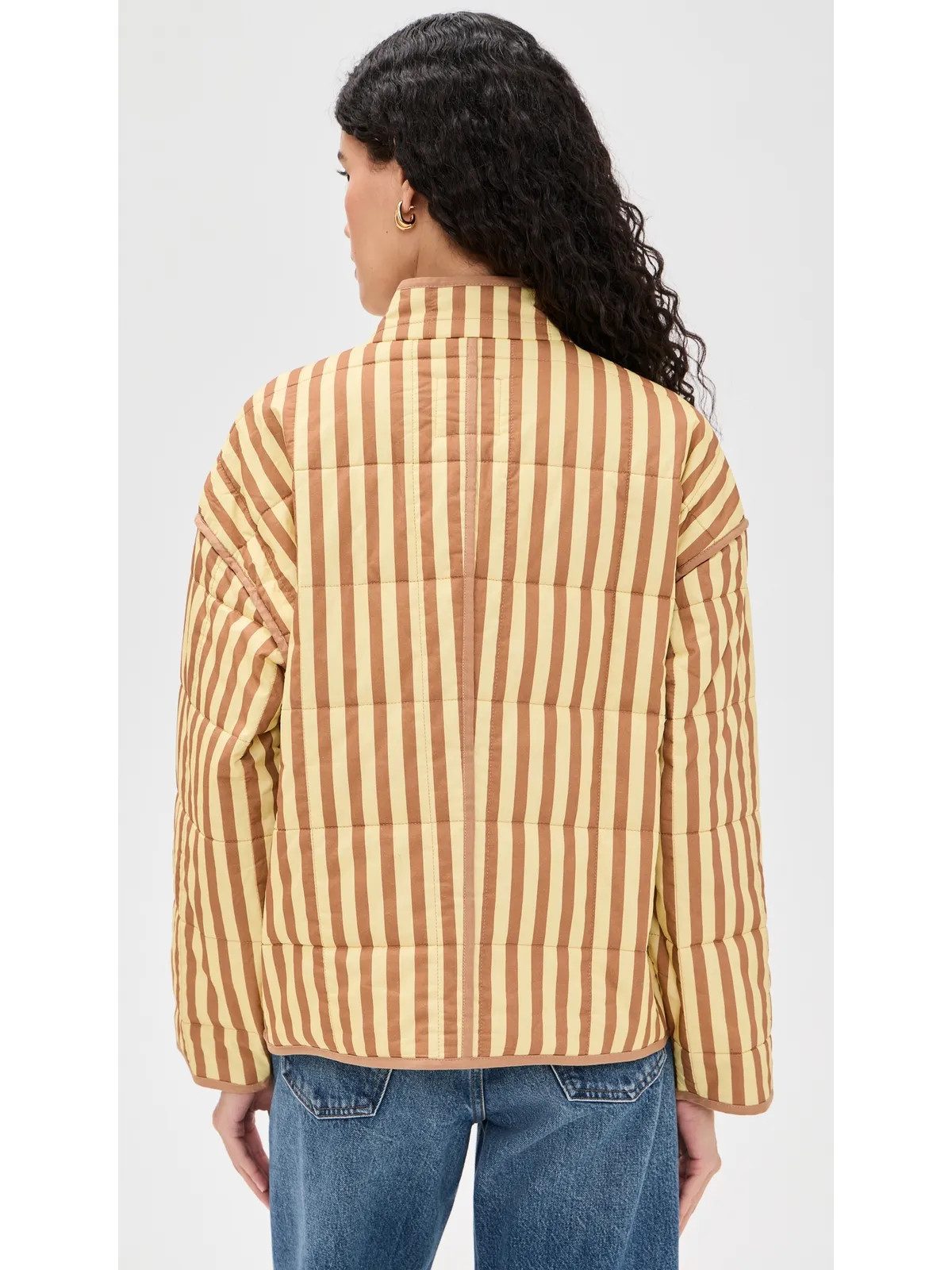 Avec Les Filles ボックスキルテッドジャケット（パッチポケット付き、Butter/Natural Stripe） - 画像3