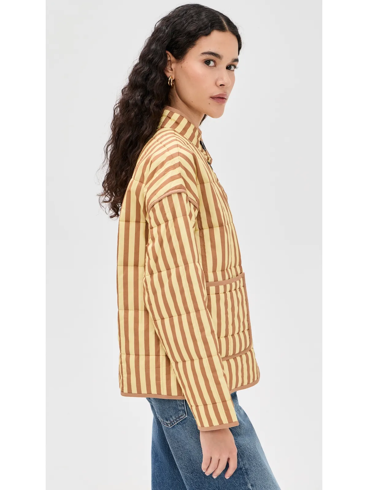 Avec Les Filles ボックスキルテッドジャケット（パッチポケット付き、Butter/Natural Stripe） - 画像4