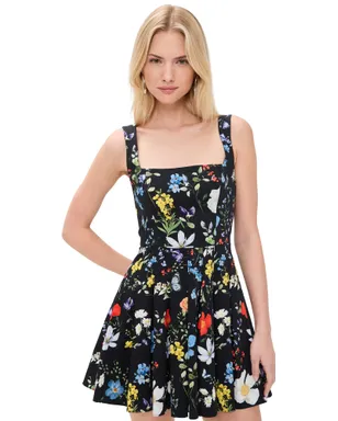 ALICE + OLIVIA Veda プリーツミニドレス ツイジング ヴァインズ ブラック - サムネイル1