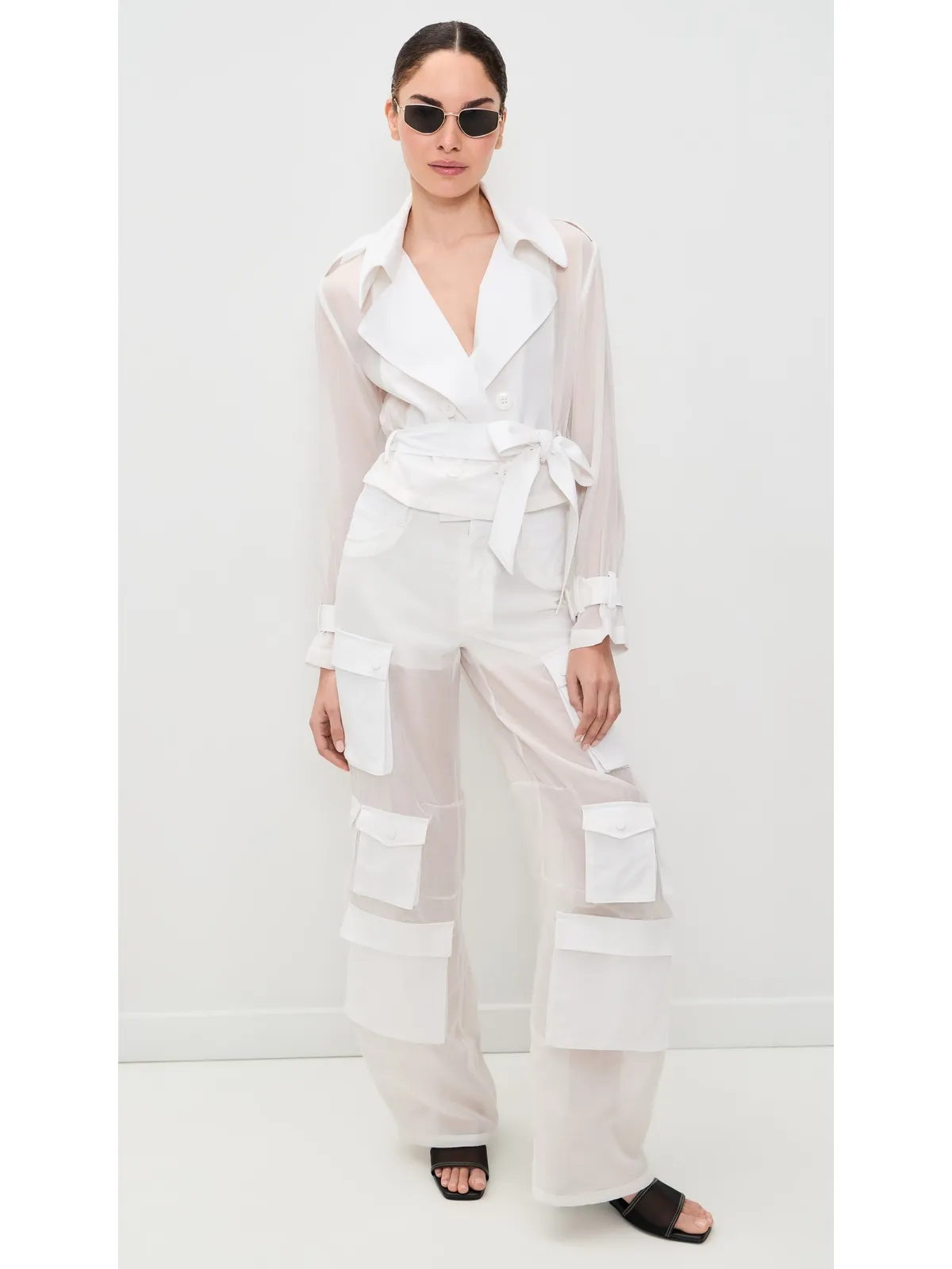 ALICE + OLIVIA キース シアー コンボ クロップド トレンチ コート ベルト付き オフホワイト - 画像5