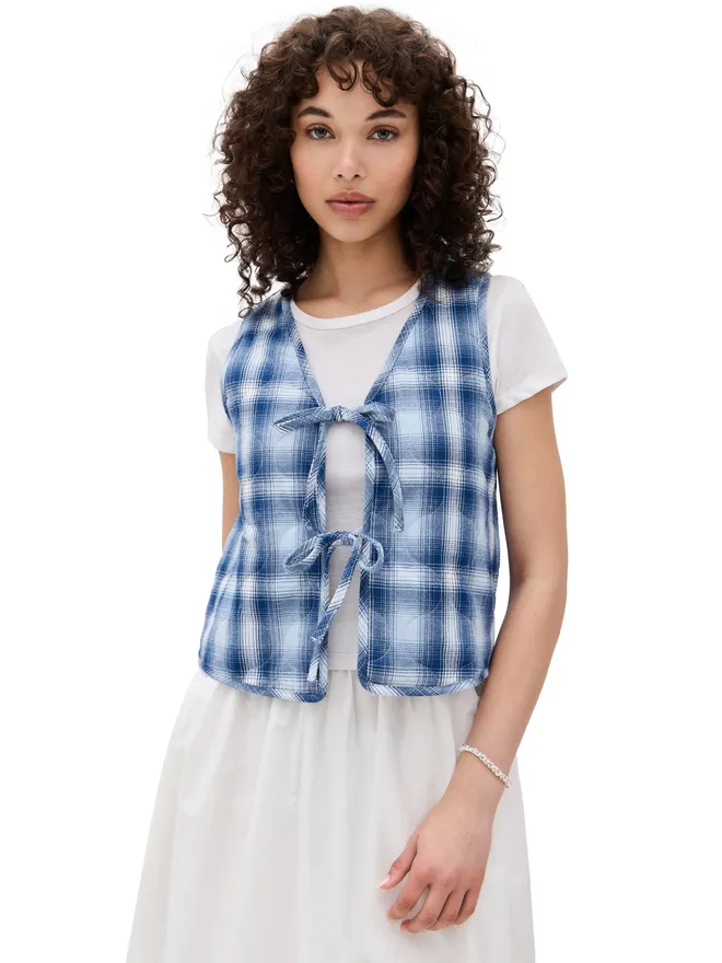 ALIGNE ALIGNE Mario Tie Front Waistcoat Blue Checkの商品画像