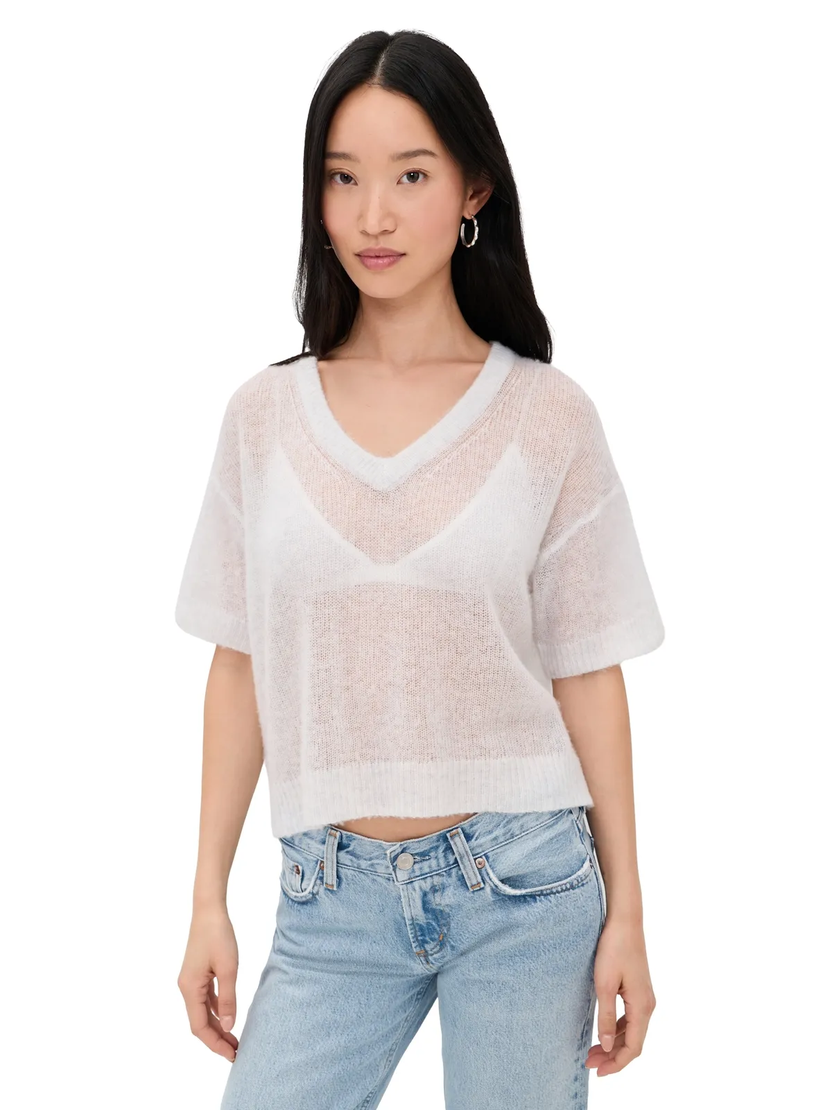 American Vintage カシミヤ混ショートスリーブVネックTシャツ グレー - 画像1