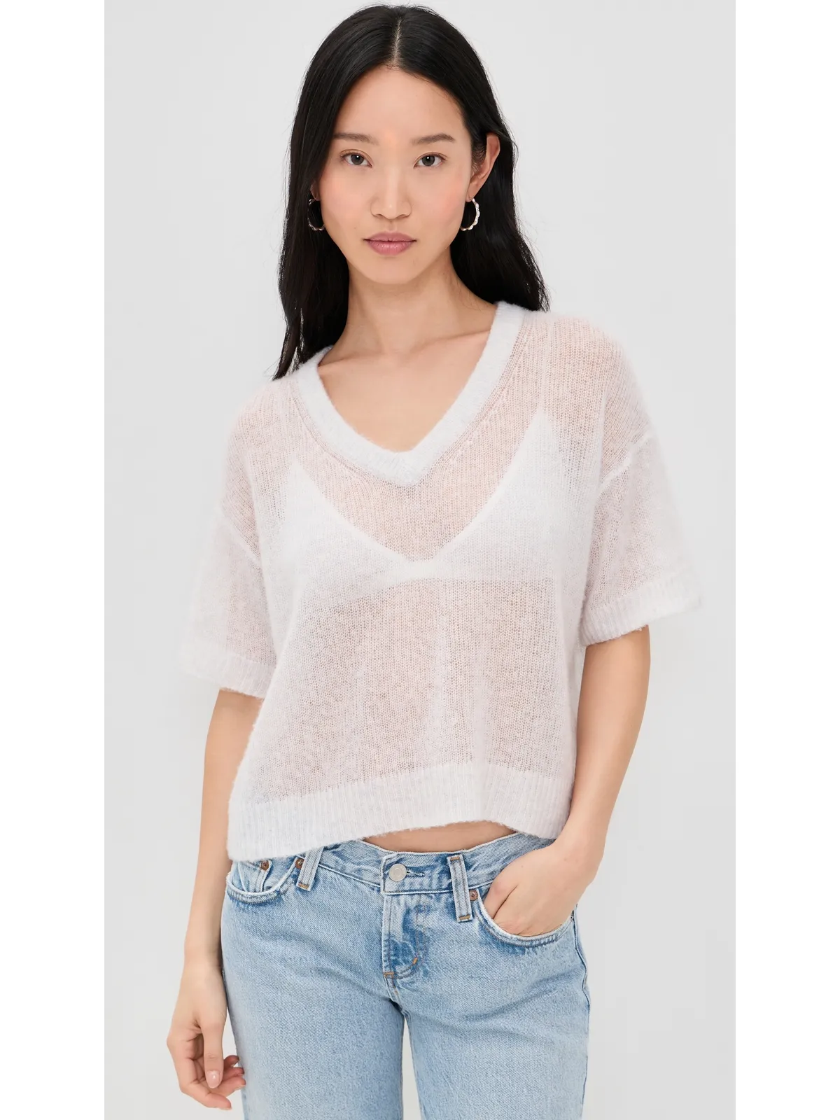 American Vintage カシミヤ混ショートスリーブVネックTシャツ グレー - 画像2