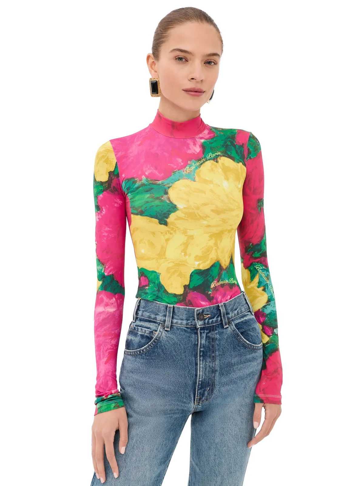Balmain セカンドスキン ローズプリント ジャージー トップ グリーン/ピンク/イエロー サイズM - 画像1