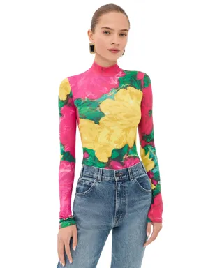 Balmain セカンドスキン ローズプリント ジャージー トップ グリーン/ピンク/イエロー サイズM - サムネイル1