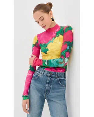 Balmain セカンドスキン ローズプリント ジャージー トップ グリーン/ピンク/イエロー サイズM - サムネイル2