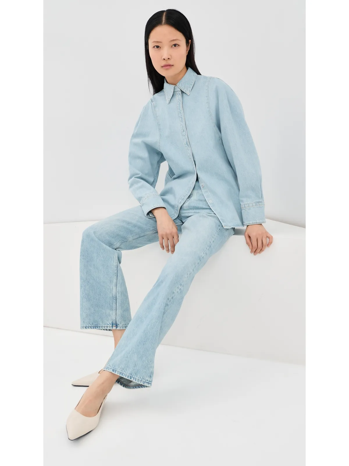 Bite Studios スカルプドスリーブデニムシャツ ブラッシュドライトブルー - 画像5