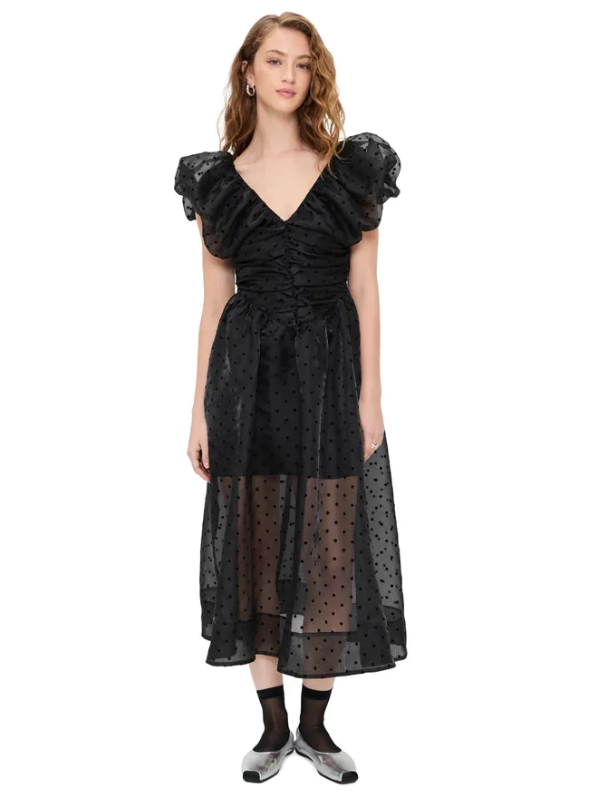 Ganni GANNI フロックド・オーガンザ ロング・ルシュド・ドレス ブラック 32の商品画像