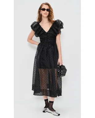 GANNI フロックド・オーガンザ ロング・ルシュド・ドレス ブラック 32 - サムネイル5