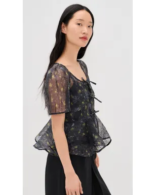 GANNI プリント シボリ オーガンザ サンカット ペプラム ブラウス ブラックサンド - サムネイル4