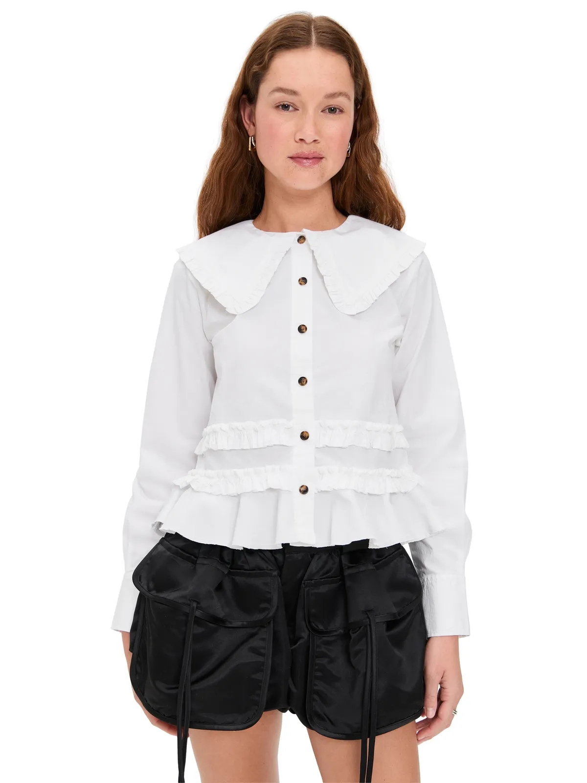 GANNI ストレッチコットン シャツ フリル付き スノーホワイト - 画像1