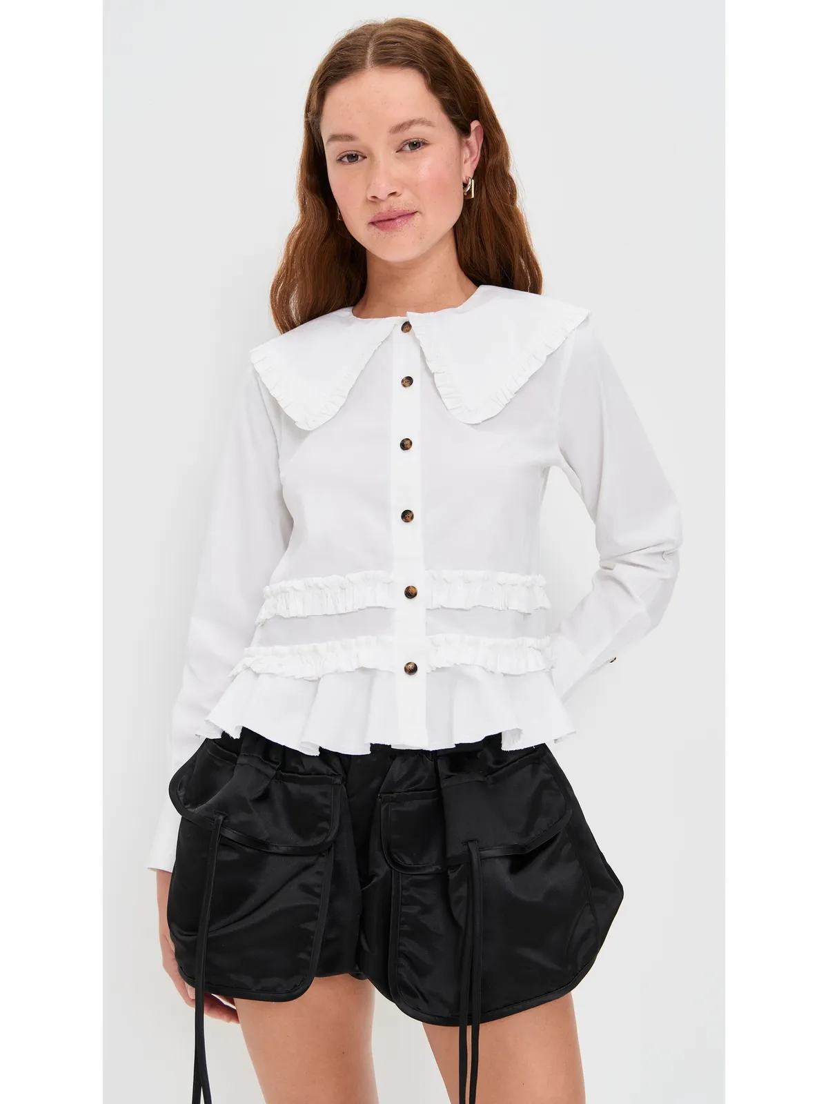GANNI ストレッチコットン シャツ フリル付き スノーホワイト - 画像2