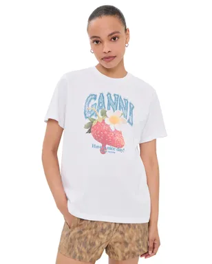 GANNI ベーシック コットン ジャージー ストロベリープリント Tシャツ ホワイト - サムネイル1