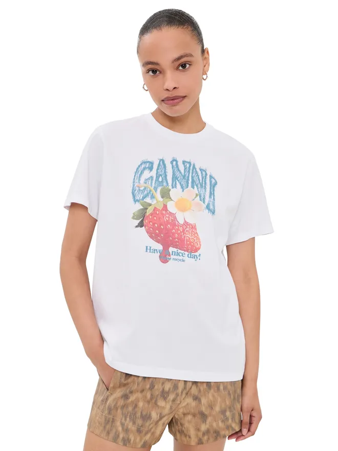 Ganni GANNI ベーシック コットン ジャージー ストロベリープリント Tシャツ ホワイトの商品画像