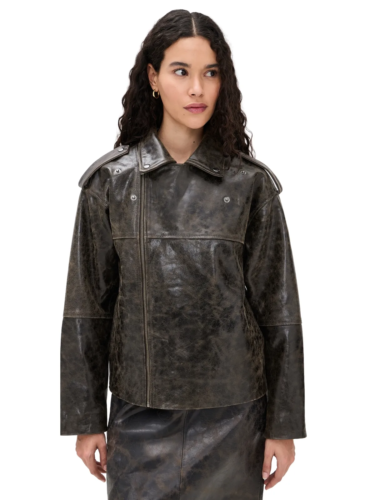 The Garment Margo Leather Biker Jacket Brown Crunch Effect - 画像1