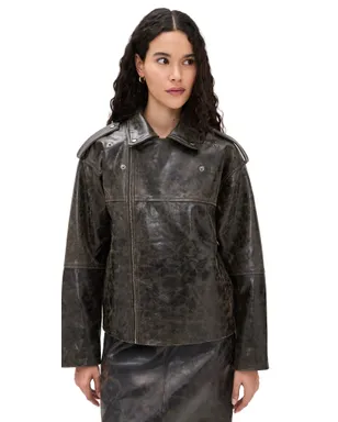 The Garment Margo Leather Biker Jacket Brown Crunch Effect - サムネイル1