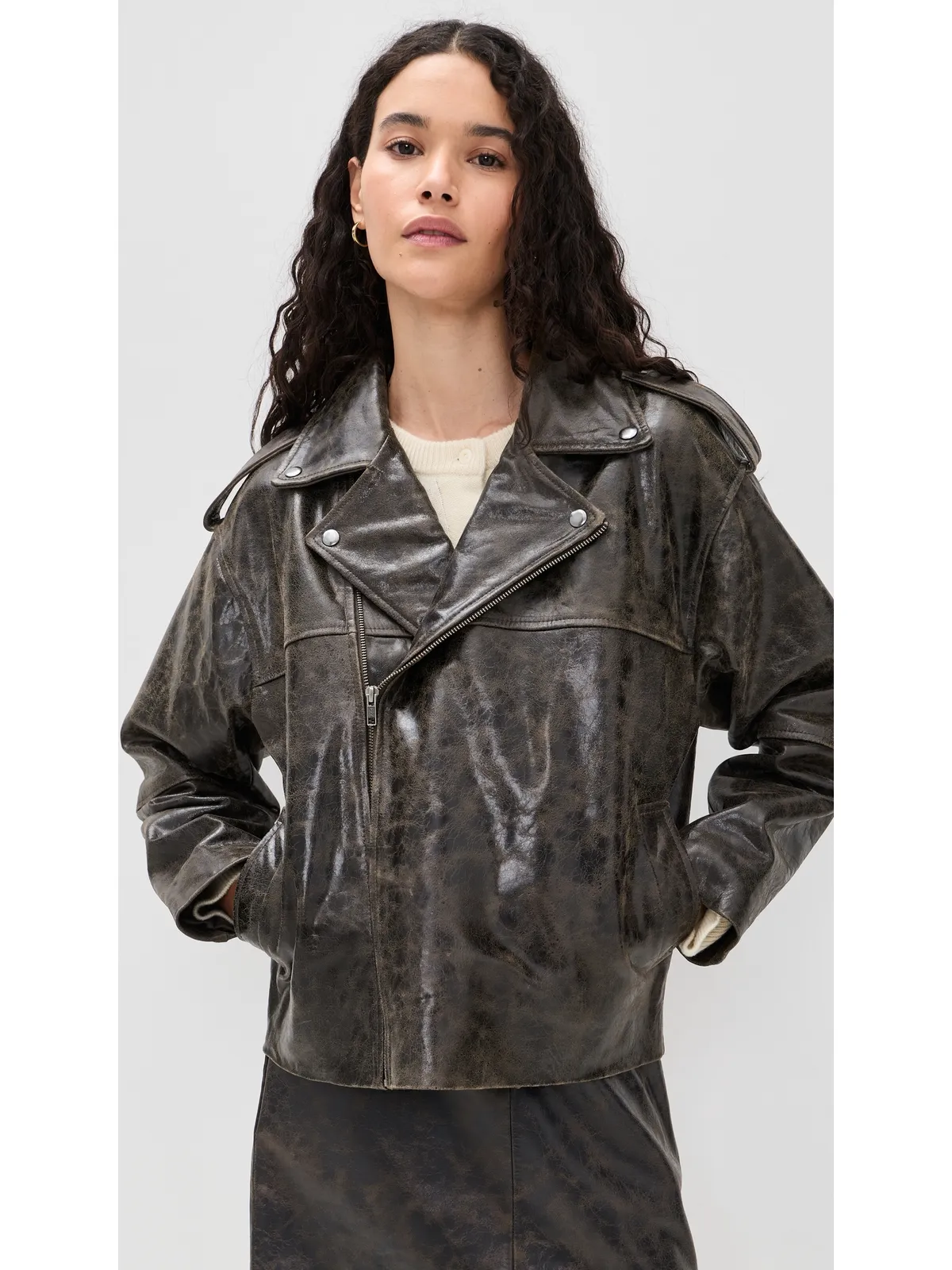 The Garment Margo Leather Biker Jacket Brown Crunch Effect - 画像2