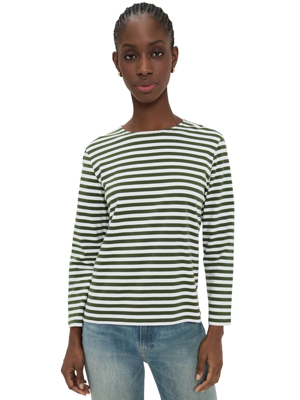 Denimist デニミスト ロングスリーブ ボートネック Tシャツ オリーブグリーン×エクリュ ストライプ - 画像1