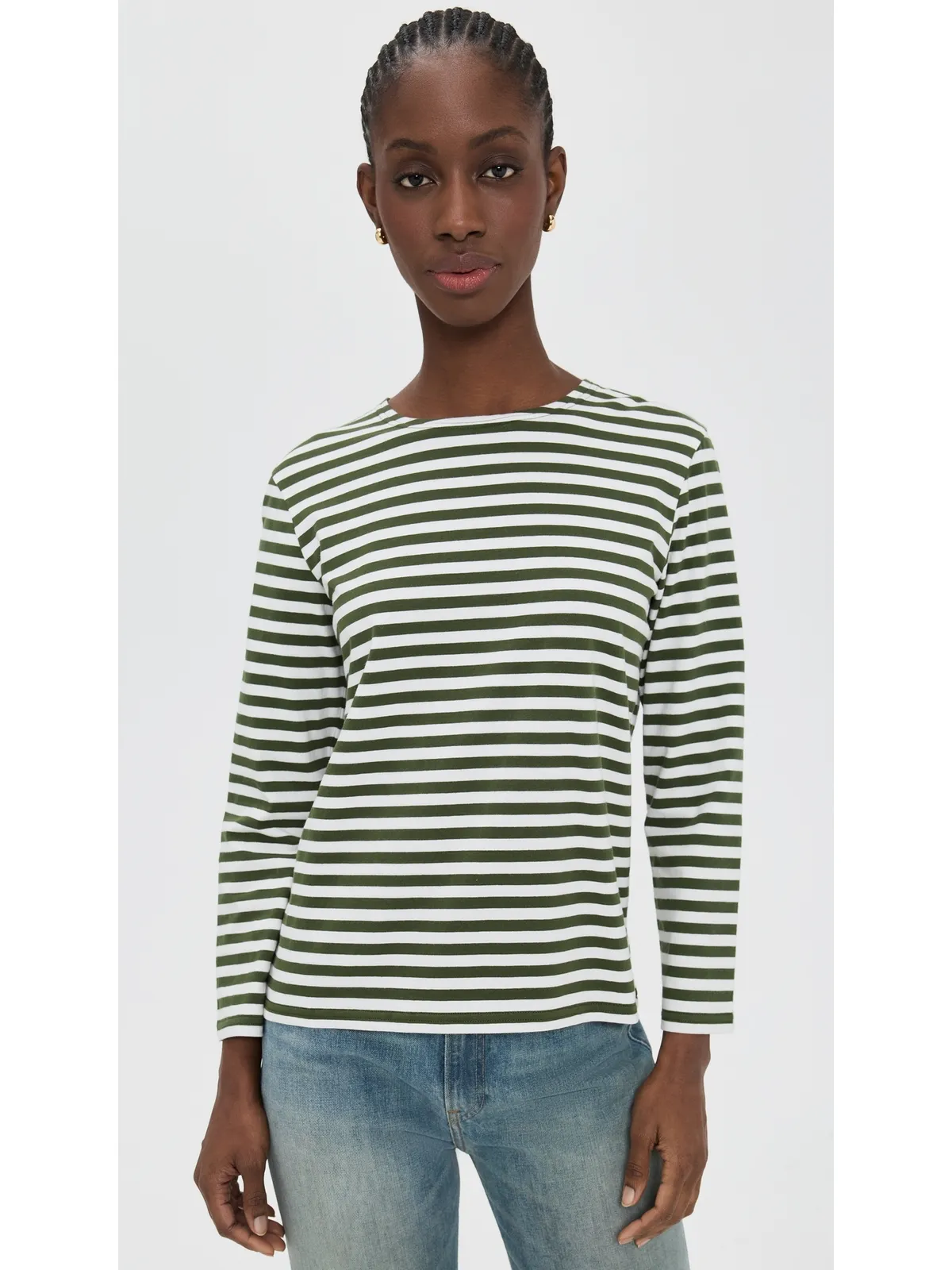Denimist デニミスト ロングスリーブ ボートネック Tシャツ オリーブグリーン×エクリュ ストライプ - 画像2