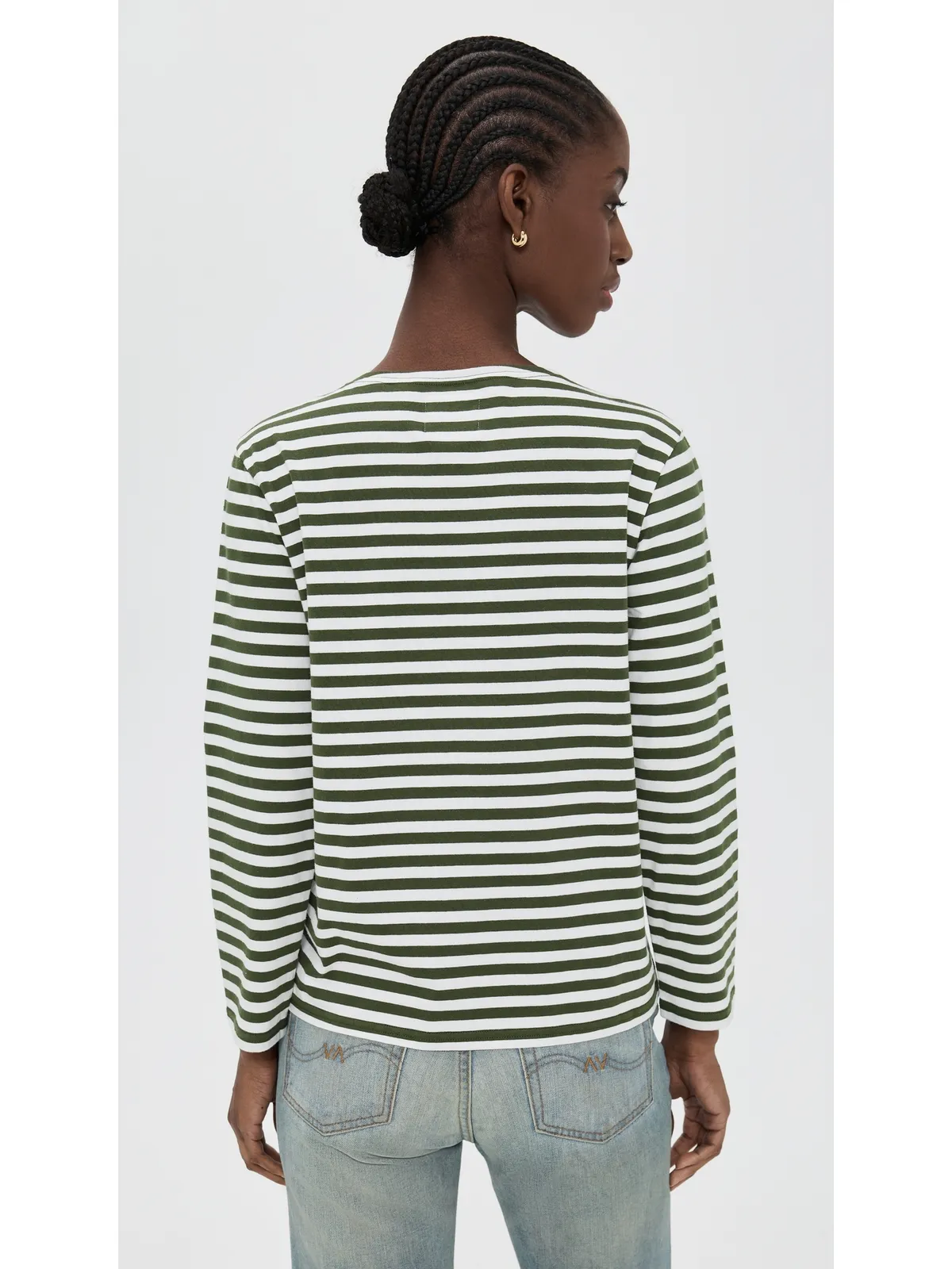 Denimist デニミスト ロングスリーブ ボートネック Tシャツ オリーブグリーン×エクリュ ストライプ - 画像3