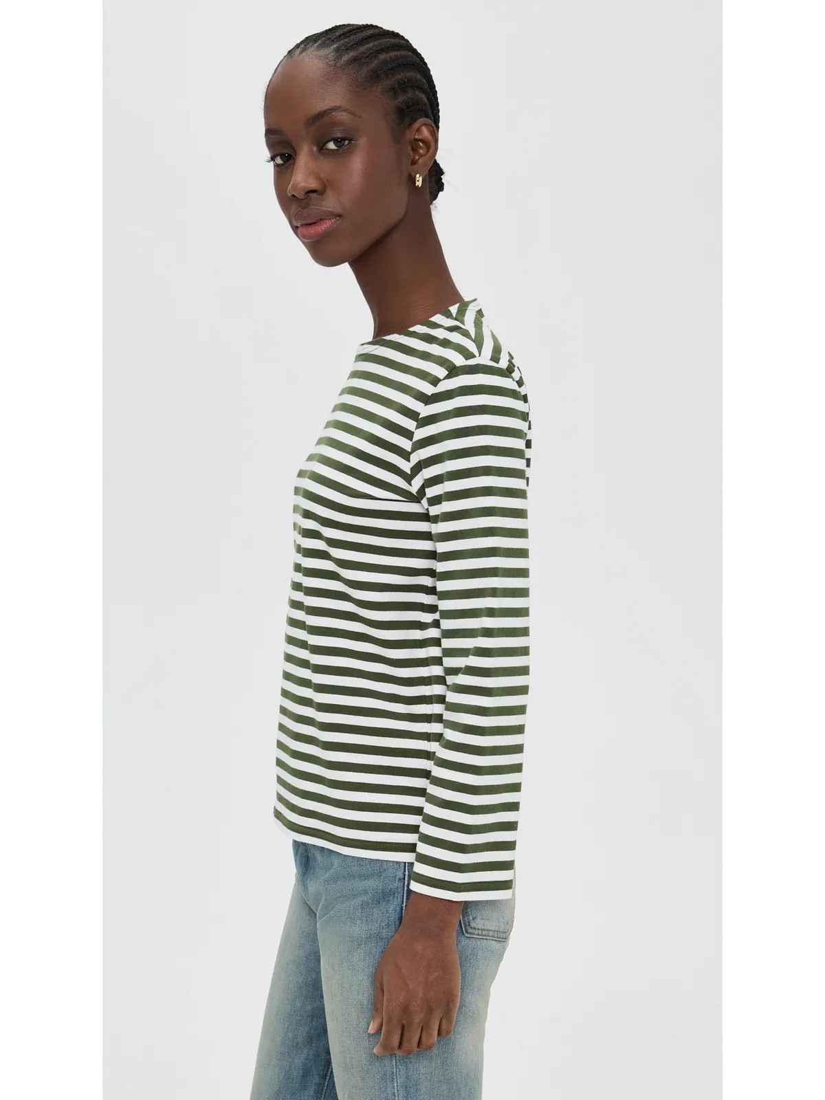 Denimist デニミスト ロングスリーブ ボートネック Tシャツ オリーブグリーン×エクリュ ストライプ - 画像4