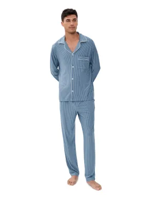 Eberjey William モダール プリント ロング パジャマセット デュオストライプ Slate Blue/Ivory - サムネイル1