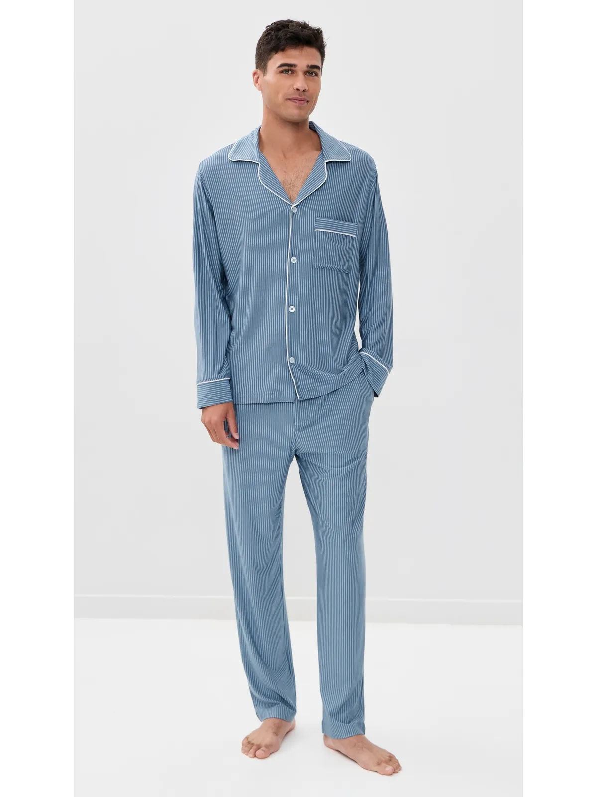 Eberjey William モダール プリント ロング パジャマセット デュオストライプ Slate Blue/Ivory - 画像2