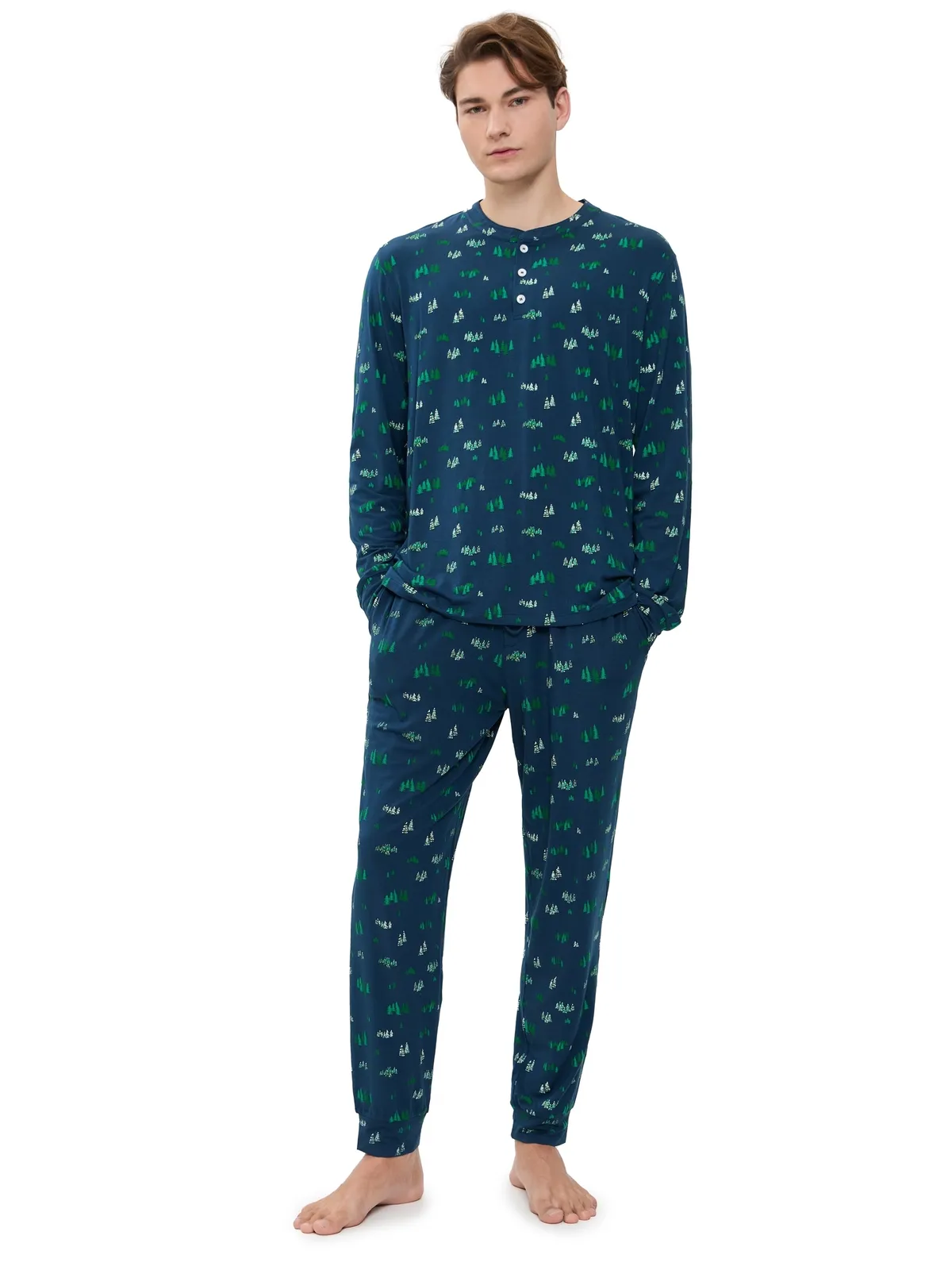 Eberjey Henry プリント ロングパジャマセット Forest Pine Navy - 画像1
