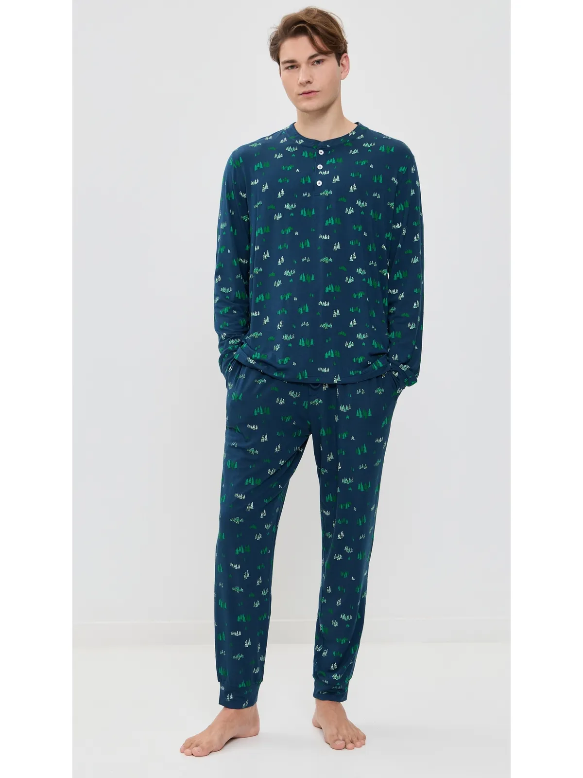 Eberjey Henry プリント ロングパジャマセット Forest Pine Navy - 画像2