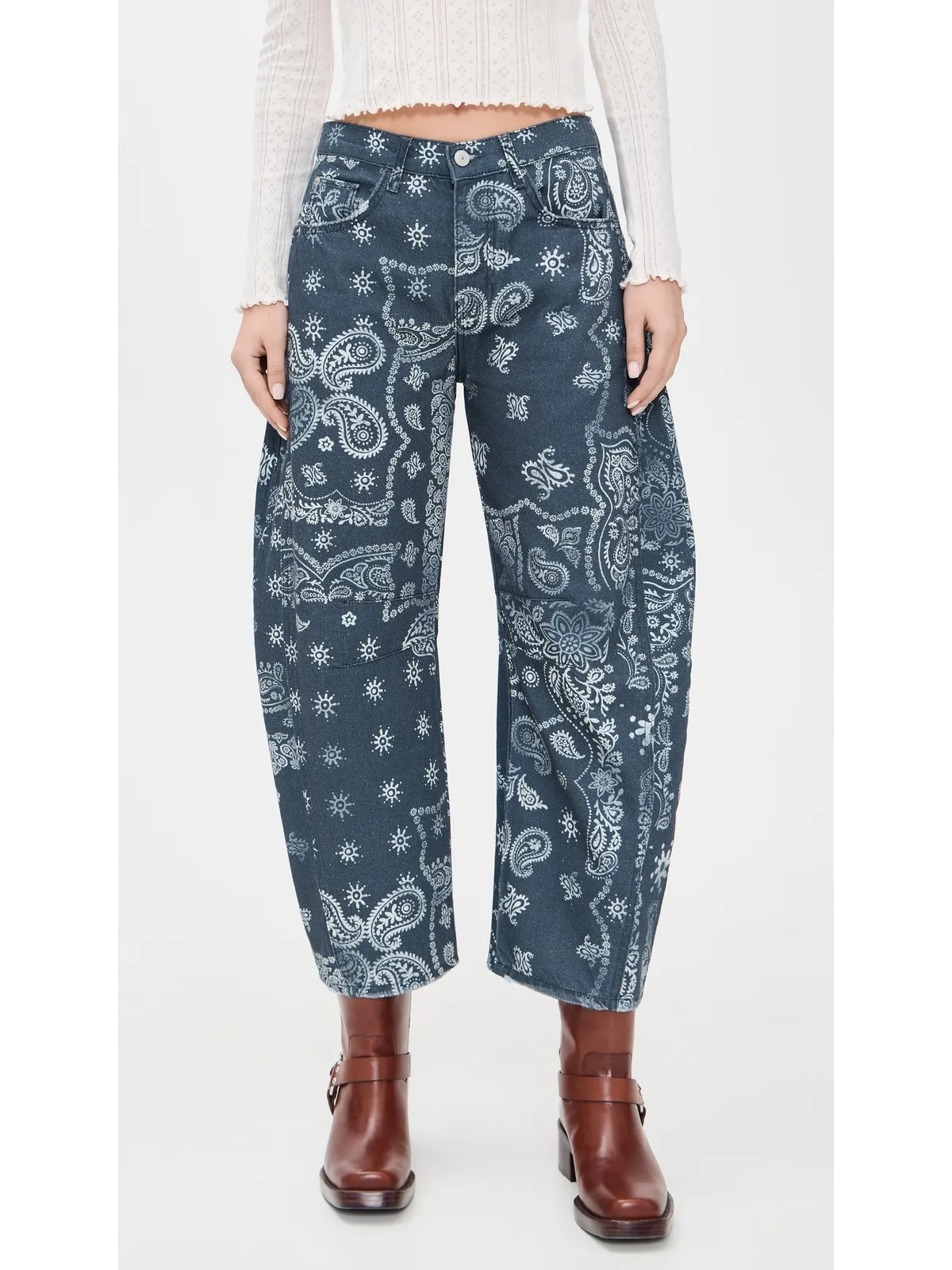 Free People Good Luck プリント バレルジーンズ ネイビー バンダナ - 画像2