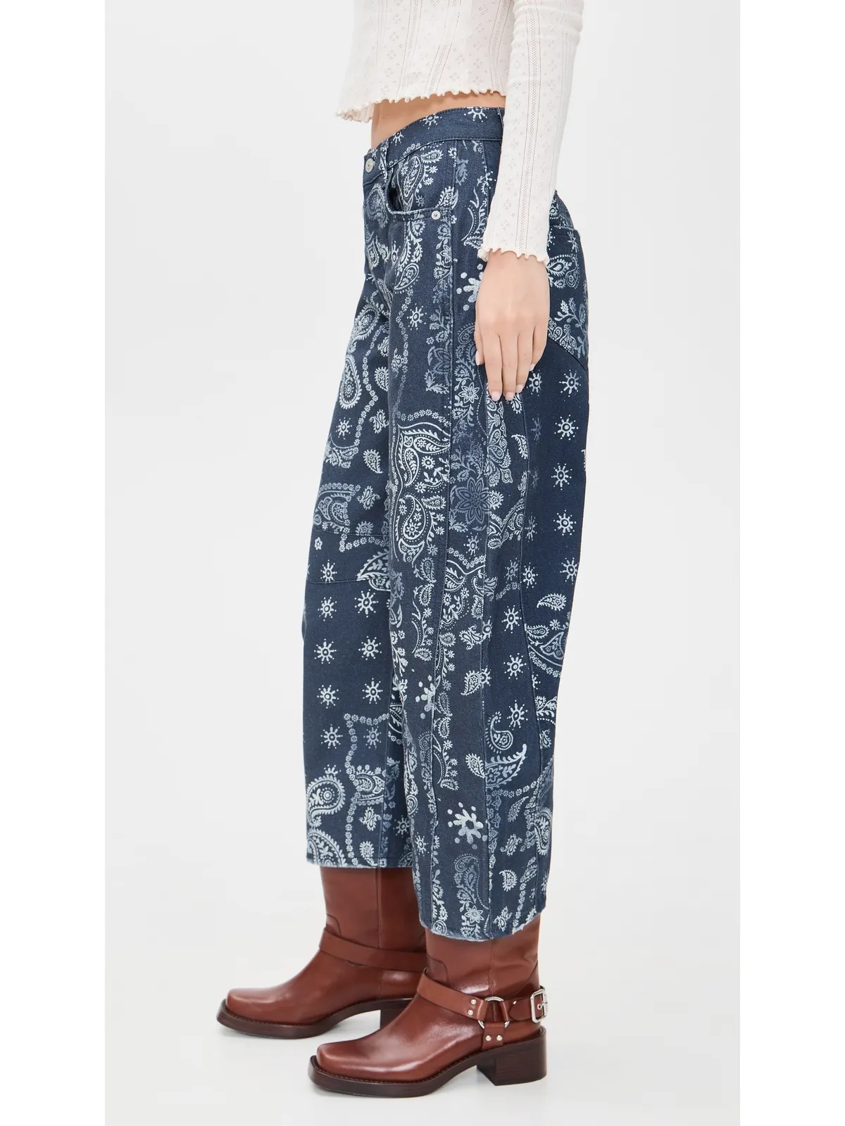 Free People Good Luck プリント バレルジーンズ ネイビー バンダナ - 画像4