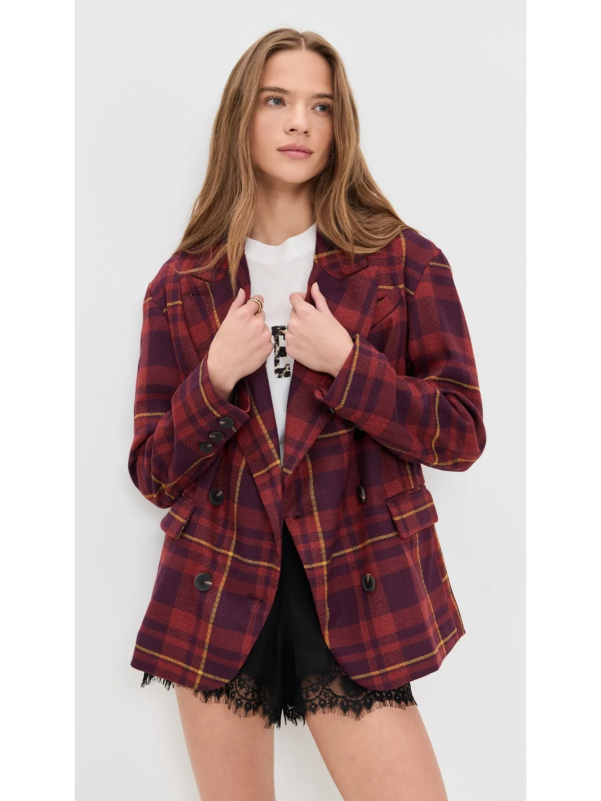 Free People Dean ダブルブレストブレザー プラムコンボ - 画像2
