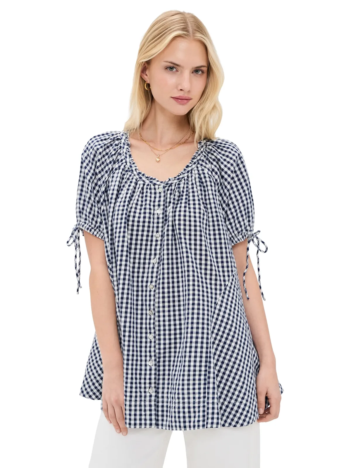 Free People ファーリ― ギンガム チュニック ネイビー コンボ - 画像1