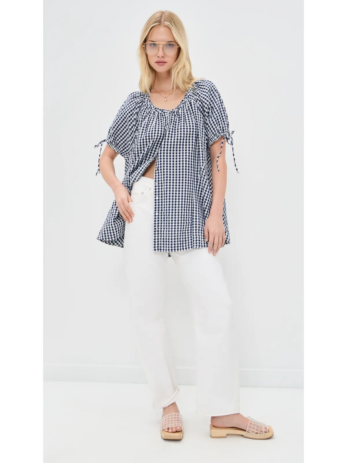 Free People ファーリ― ギンガム チュニック ネイビー コンボ - 画像5