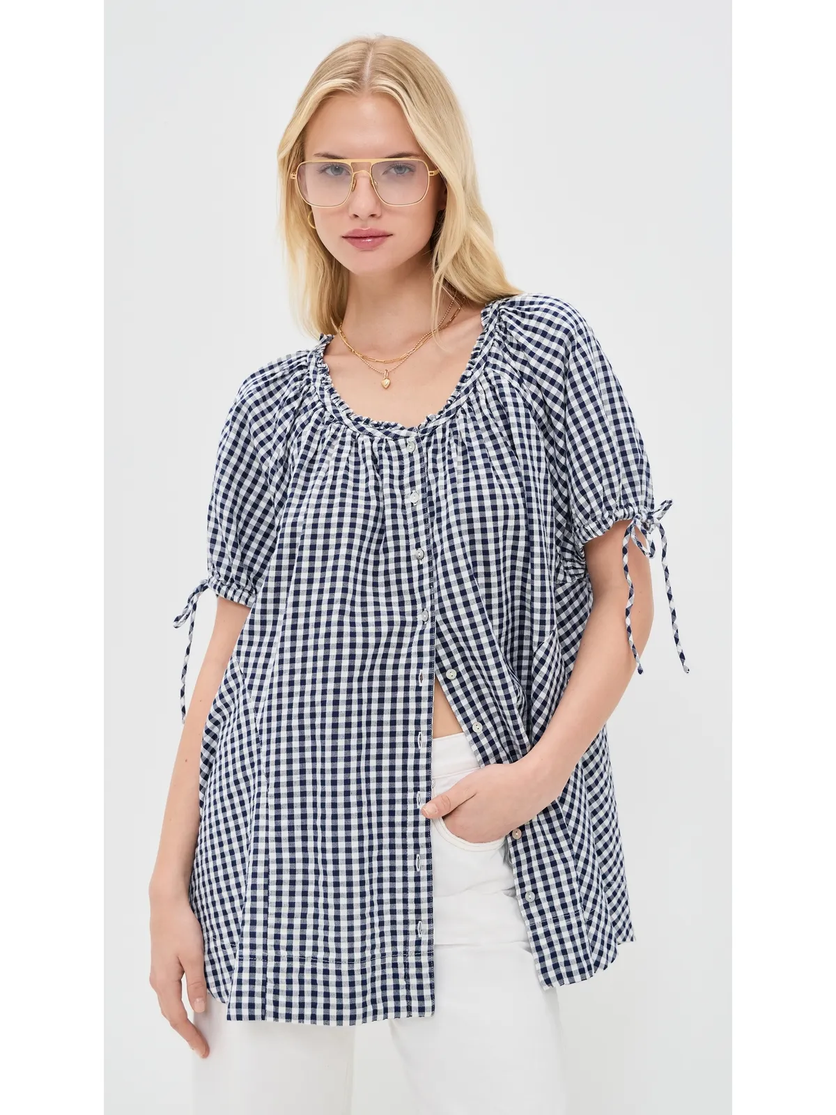 Free People ファーリ― ギンガム チュニック ネイビー コンボ - 画像2