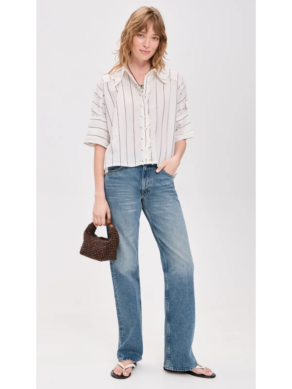 Free People セサイドストライプ ボタンダウンシャツ アイボリーコンボ - 画像5