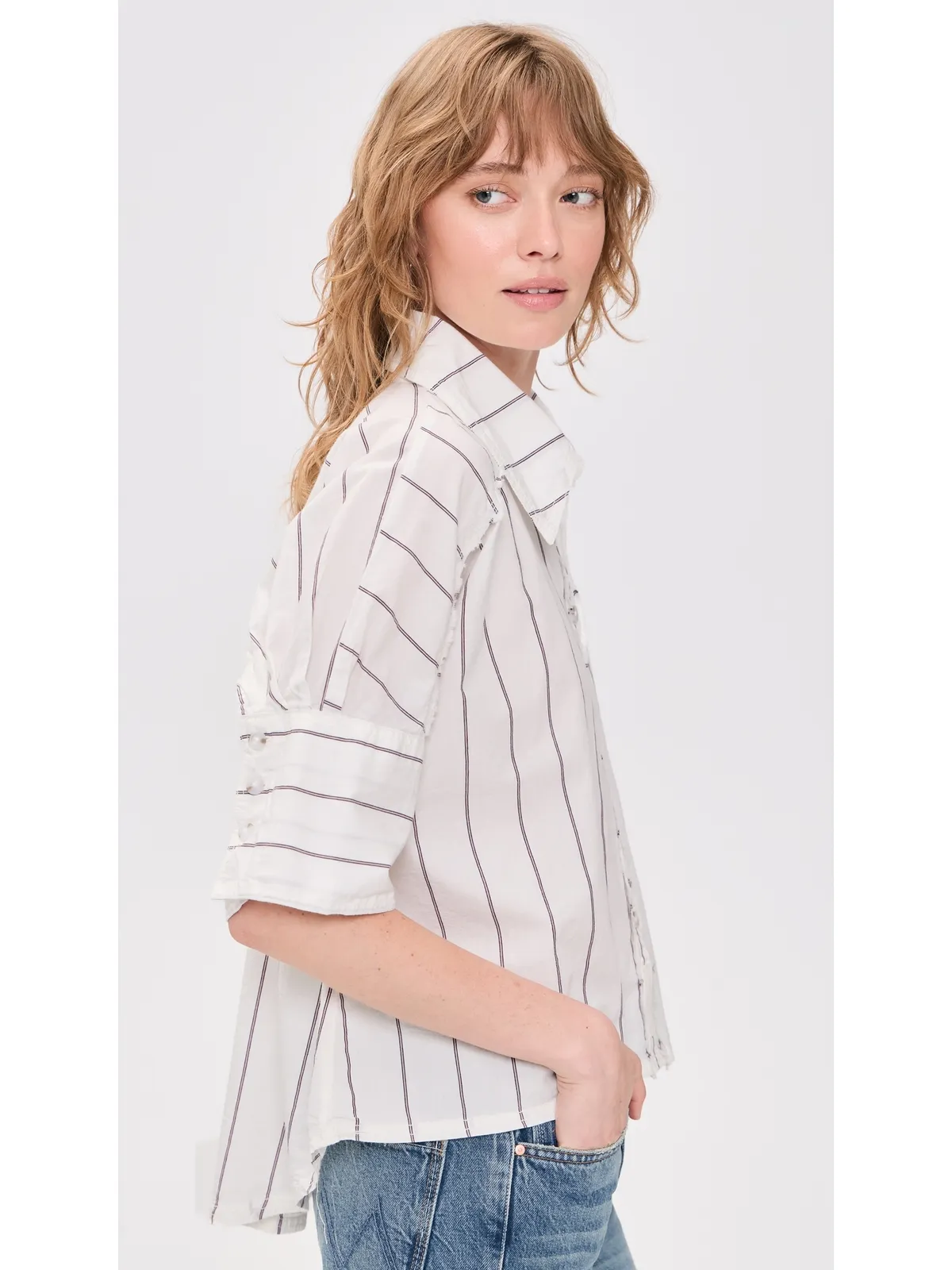 Free People セサイドストライプ ボタンダウンシャツ アイボリーコンボ - 画像4