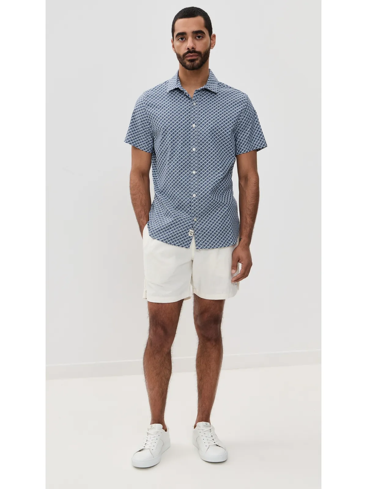 Fair Harbor ショートスリーブ ウィンドワード シャツ ネイビー Geo柄 - 画像5