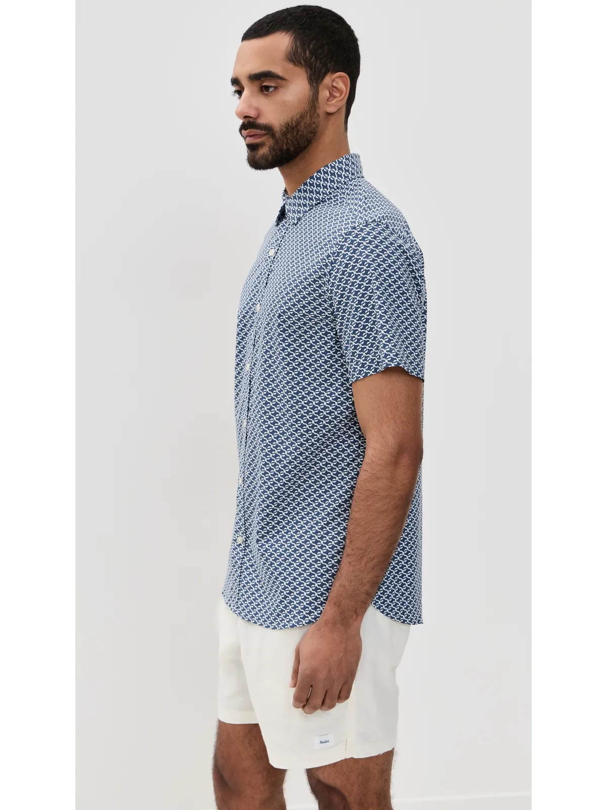 Fair Harbor ショートスリーブ ウィンドワード シャツ ネイビー Geo柄 - 画像4