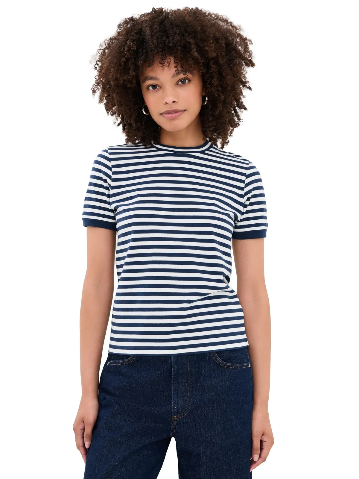Suzie Kondi Symi クルーネックTシャツ ネイビー/アイボリーストライプ - 画像1