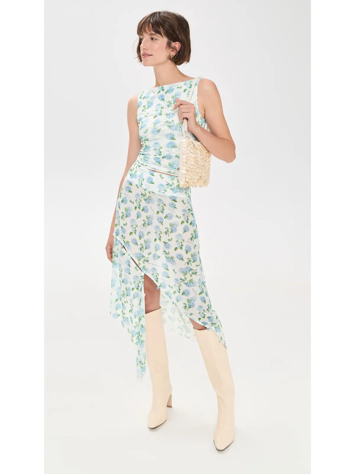 House of Sunny Hydrangea柄 アシンメトリック メッシュ スカート（ソフトブルー） - 画像5