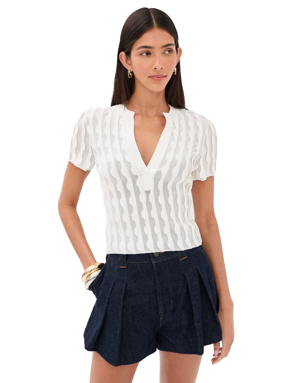 SIMKHAI Mallorie スカラップ付きニットポロトップ - 画像1