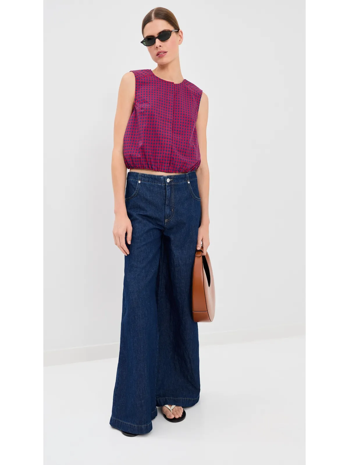 SIMKHAI ノースリーブ ボタンダウントップ Scarlet Midnight Gingham - 画像5