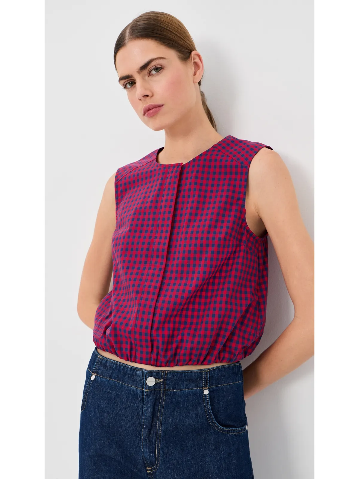 SIMKHAI ノースリーブ ボタンダウントップ Scarlet Midnight Gingham - 画像2